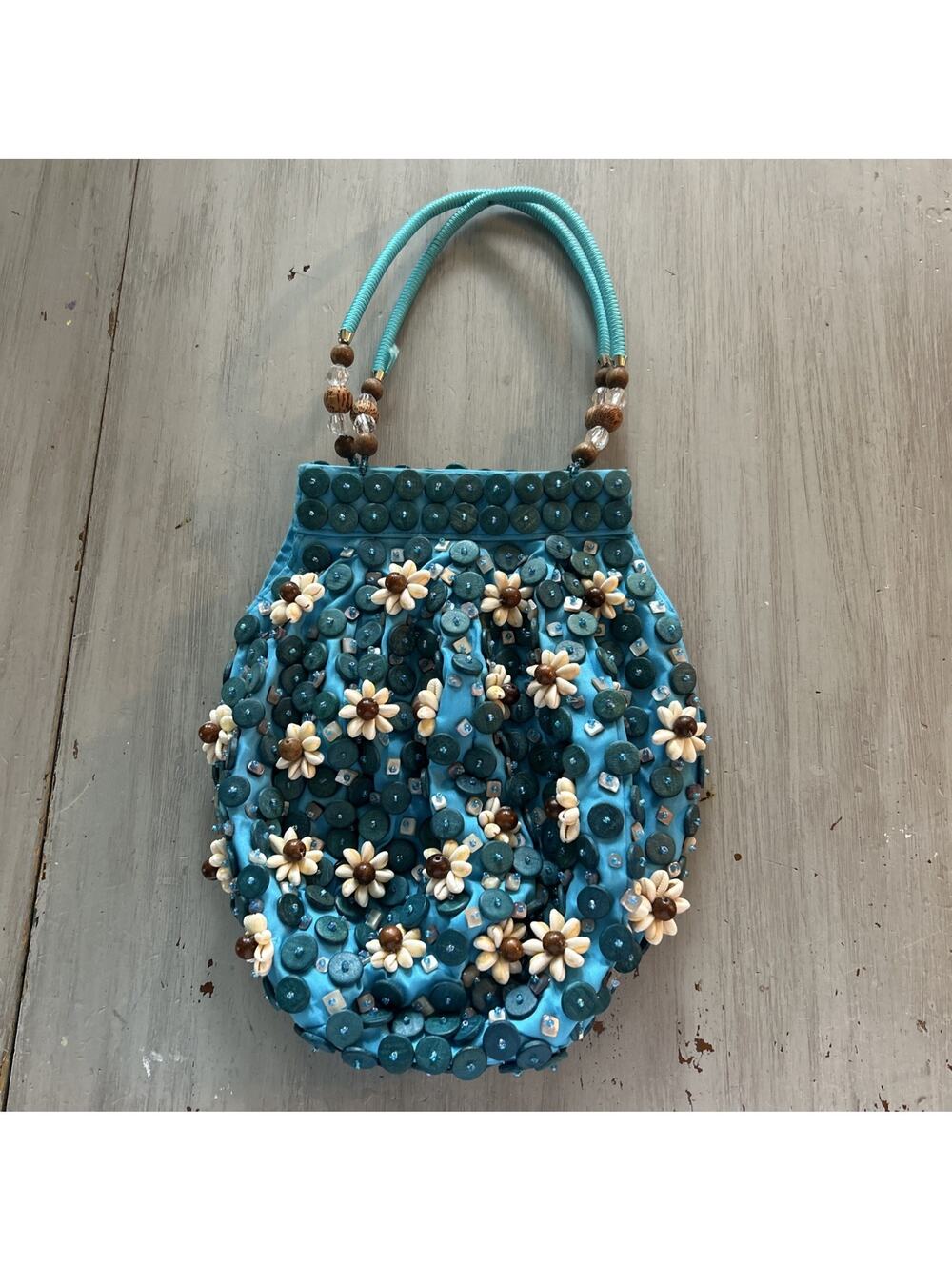 Sun N Sand Blue Teal Shell Wooden Bead Art Hand Bag Boho Beachy